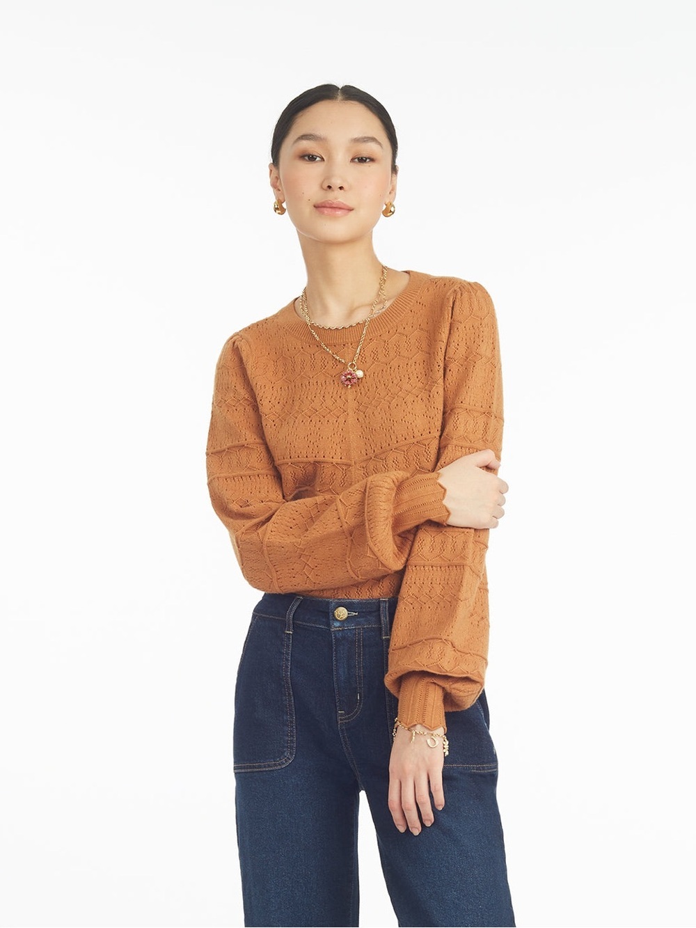 Draper James Camel Brown Long-Sleeve Pointelle Sweater Women’s Size Medium NWT